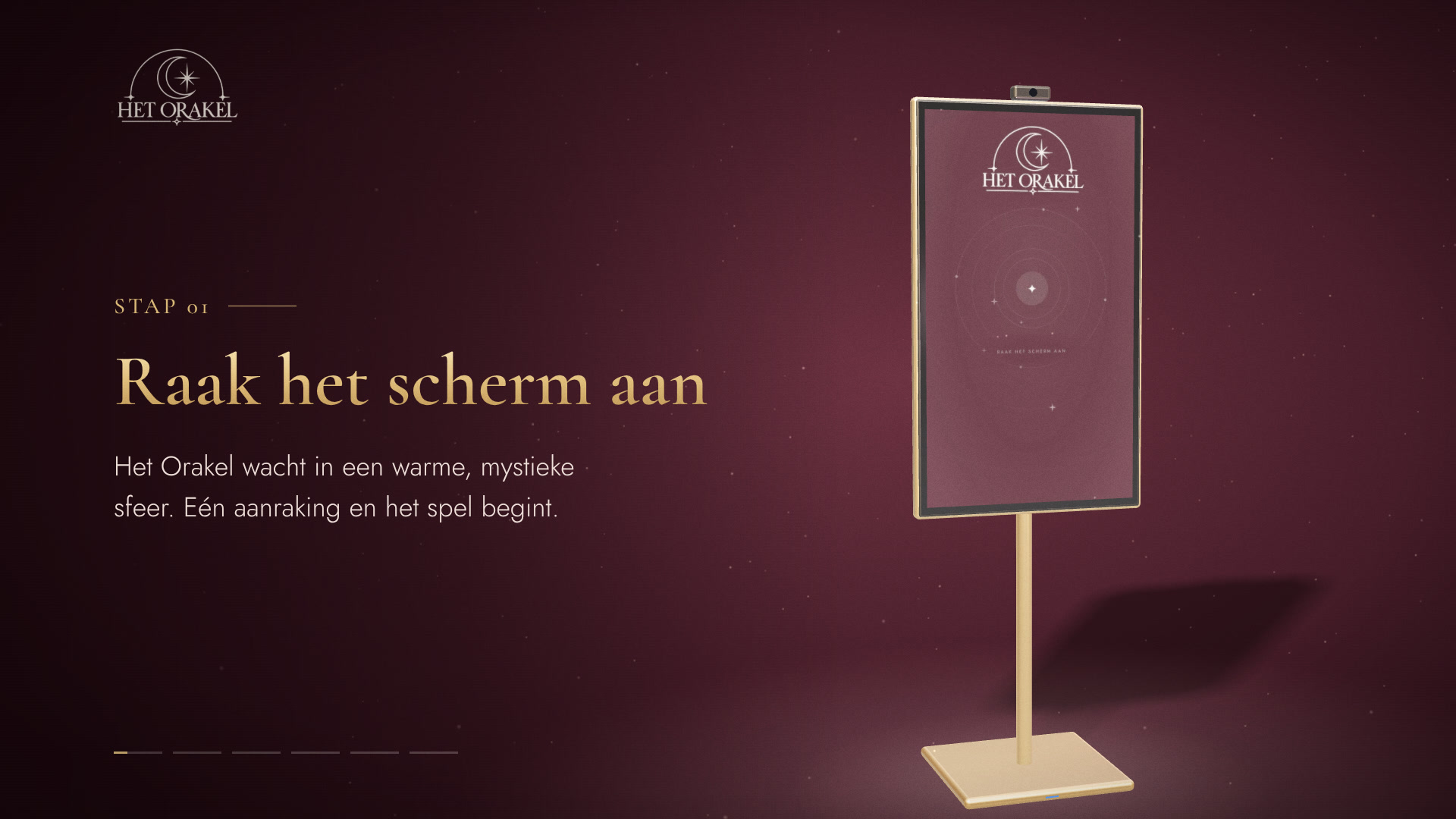 3D-render van de gouden Orakel-kiosk met verticaal touchscreen