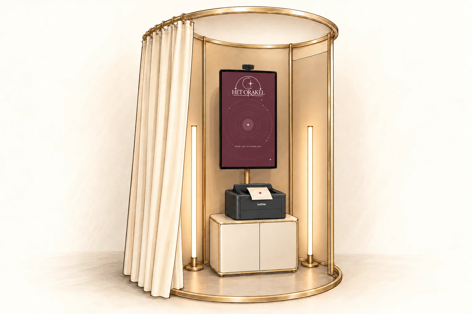 De gouden Orakel-cabine met gordijn, verticaal touchscreen en warme verlichting